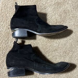 Silver notched heel black suede sock booties
